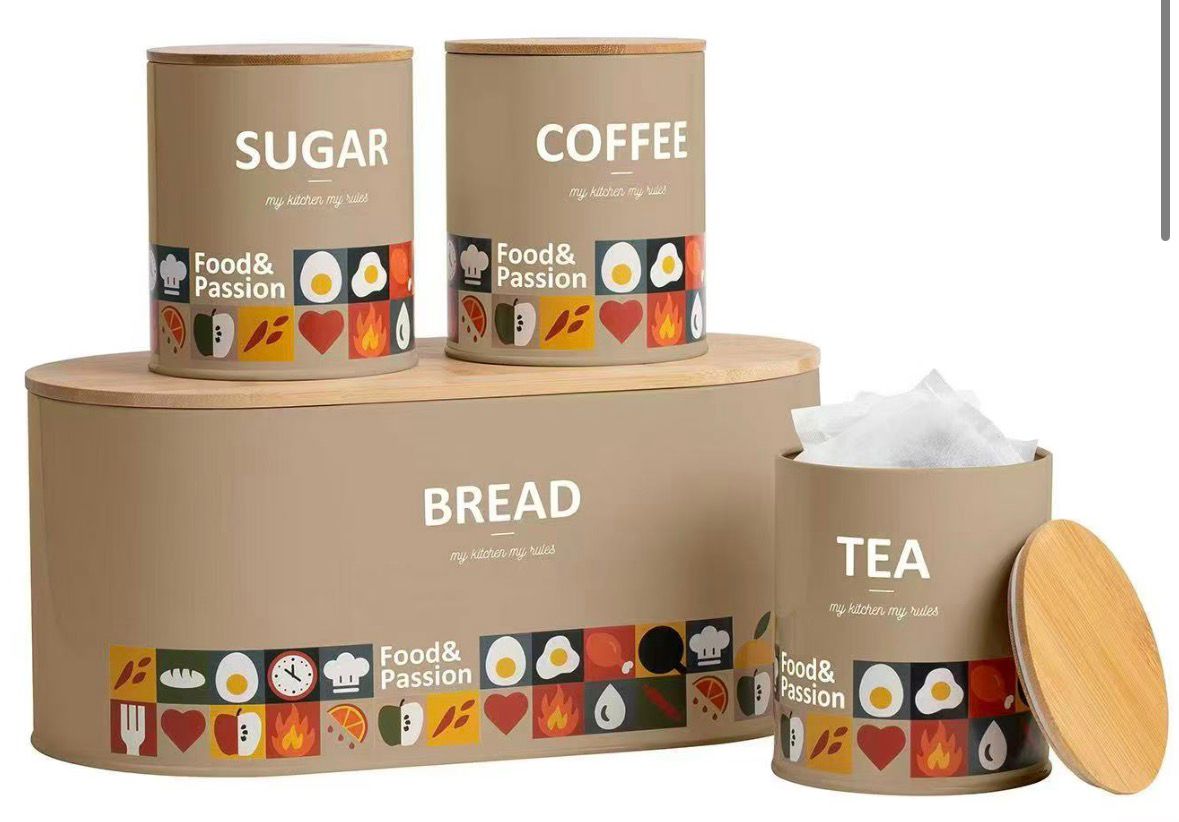 Modern Kitchen Canister Set (4pcs) – Bread Bin + Tea, Coffee & Sugar Storage Jars with Airtight Wooden Lids
