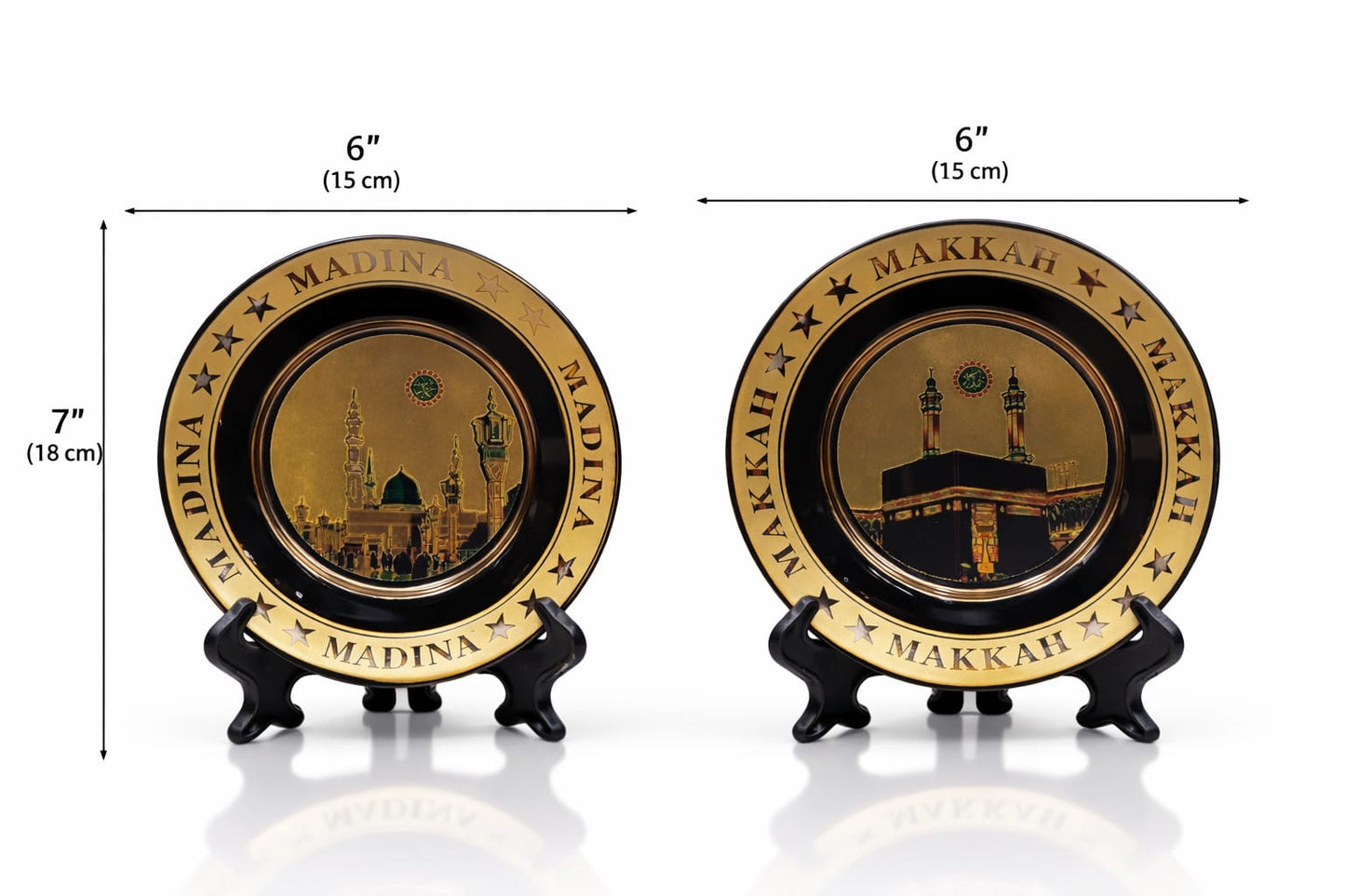 Islamic Decorative Plate Set - Makkah & Madina Gold-Tone 6-Inch Wall & Table Decor with Stands