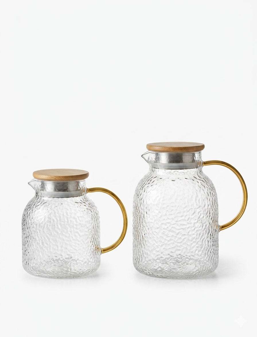Premium Hammered Glass Kettle with Metallic Lid | Heat-Resistant Borosilicate Tea & Water Pitcher with Gold Handle