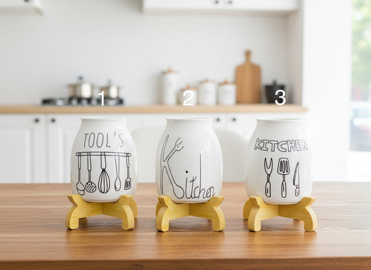 Porcelain spoon holder with bamboo stand.
