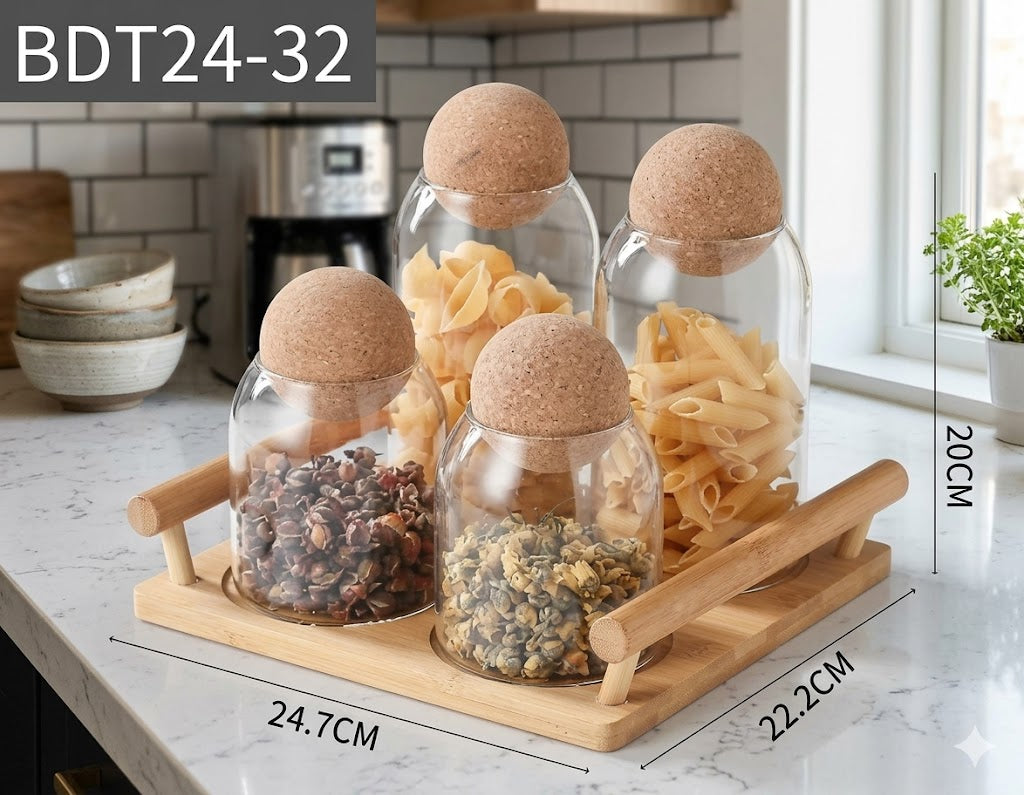 4-Piece Borosilicate Glass Pantry Set with Round Cork Lids & Bamboo Organizer Tray