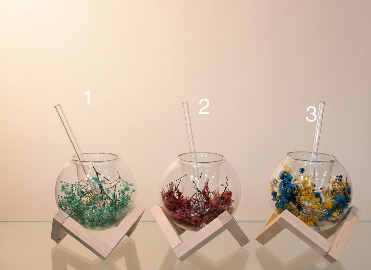 Flower Round Ball Shaped Ins Juice & Cocktail Glass With Straw & Wood Stand