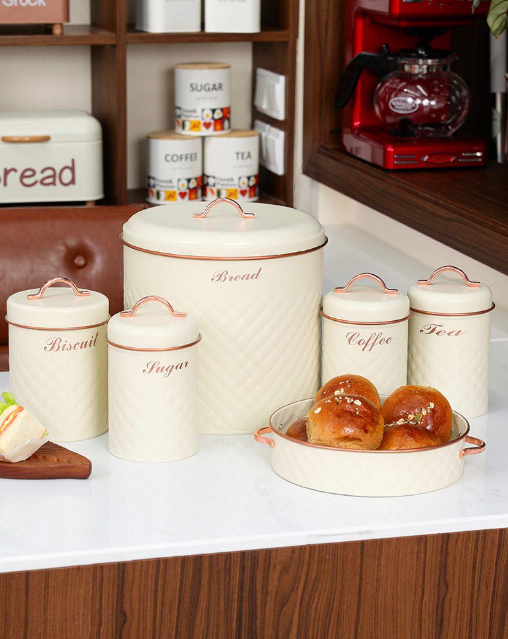 Premium Bread, Biscuit, Tea, Coffee & Sugar Canister Set with Elegant Serving Tray - Kitchen Storage & Organizer | 6pcs Set