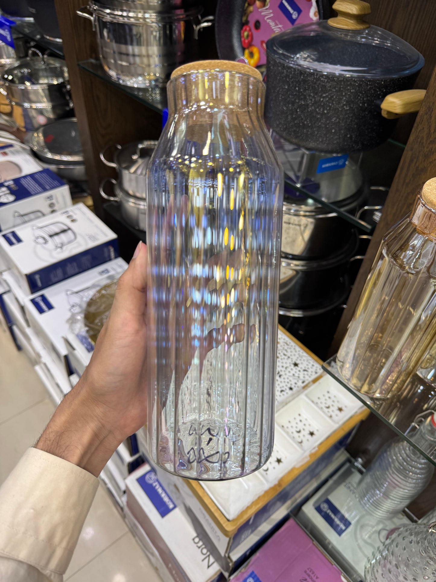 Ribbed Glass Cork Water Bottle - 1000ml