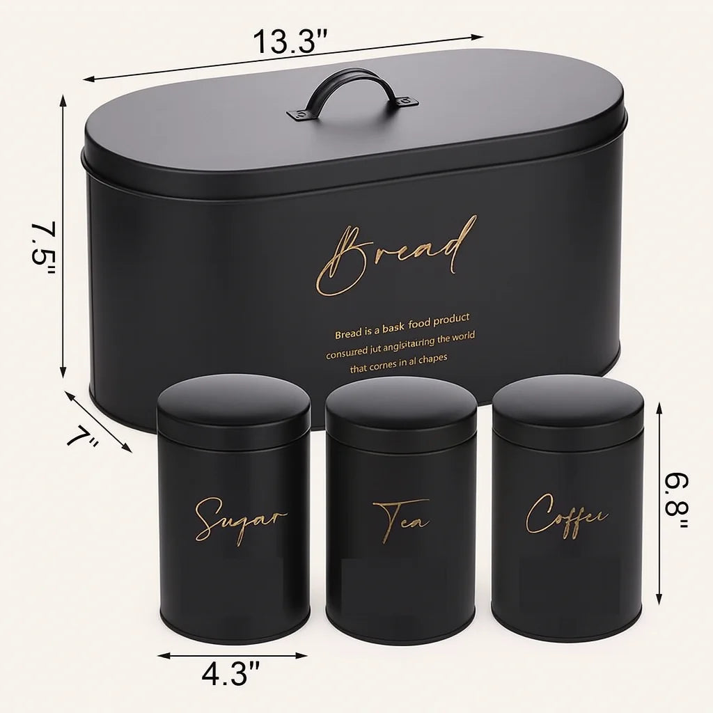 4-Piece Metal Bread Bin And Canister Set | Black