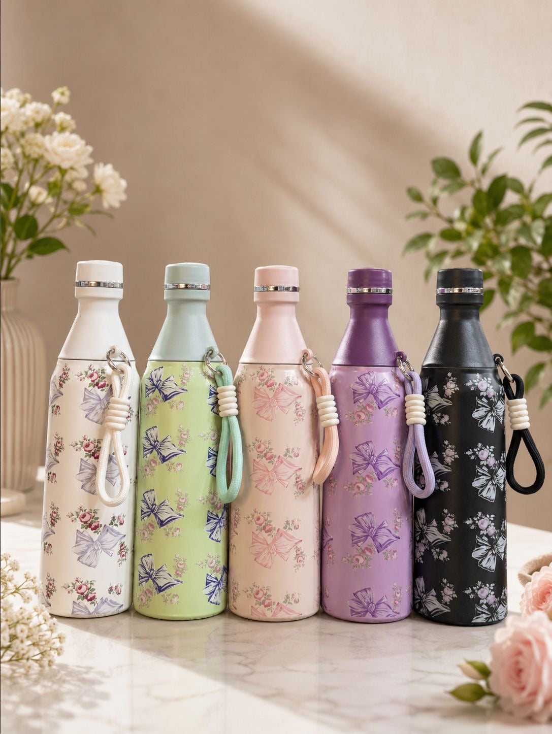 Coquette Aesthetic Bow & Floral Stainless Steel Water Bottle – 500ml Insulated Tumbler with Carrying Loop