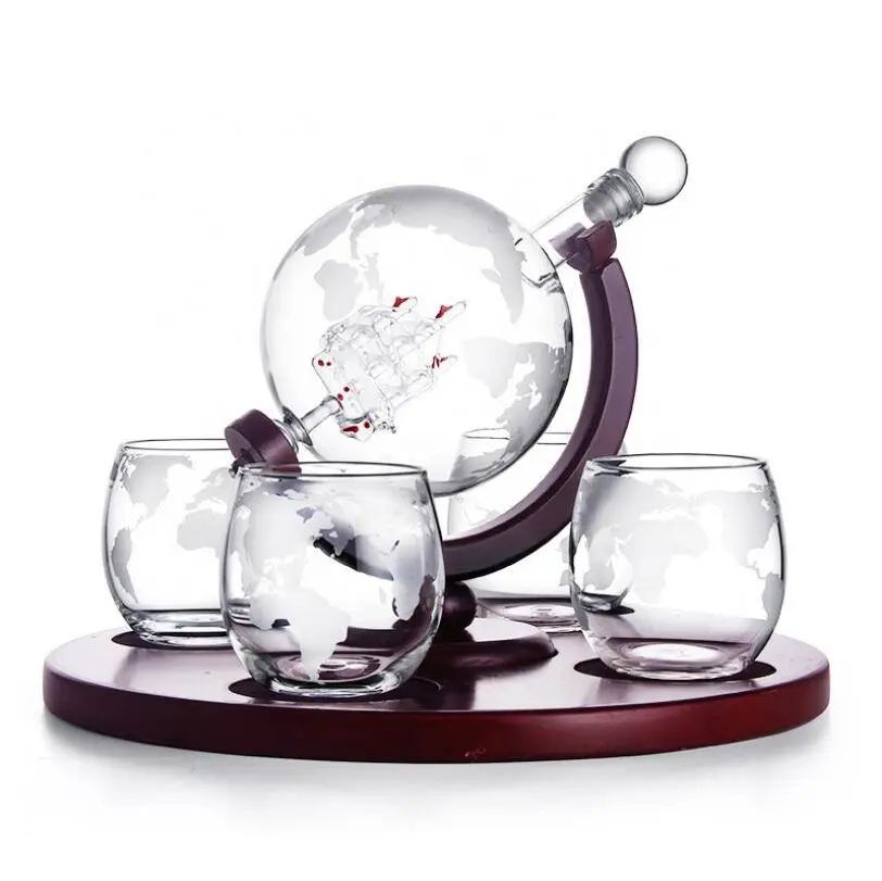 Globe whiskey decanter set with four Glasses & Wooden Rack