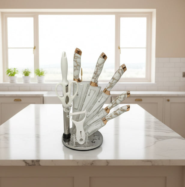 Luxury 8-Piece Knife Set with Stand - Marble/Wooden Texture Design