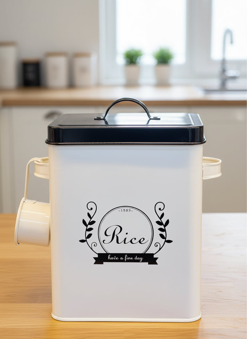 Rice Barrel with Spoon and Lid Household Tin Iron Rice Bucket – 5Kg