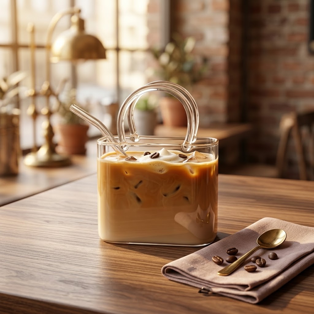 Handbag-Shaped Aesthetic Glass Tumbler with Glass Straw (400ml)