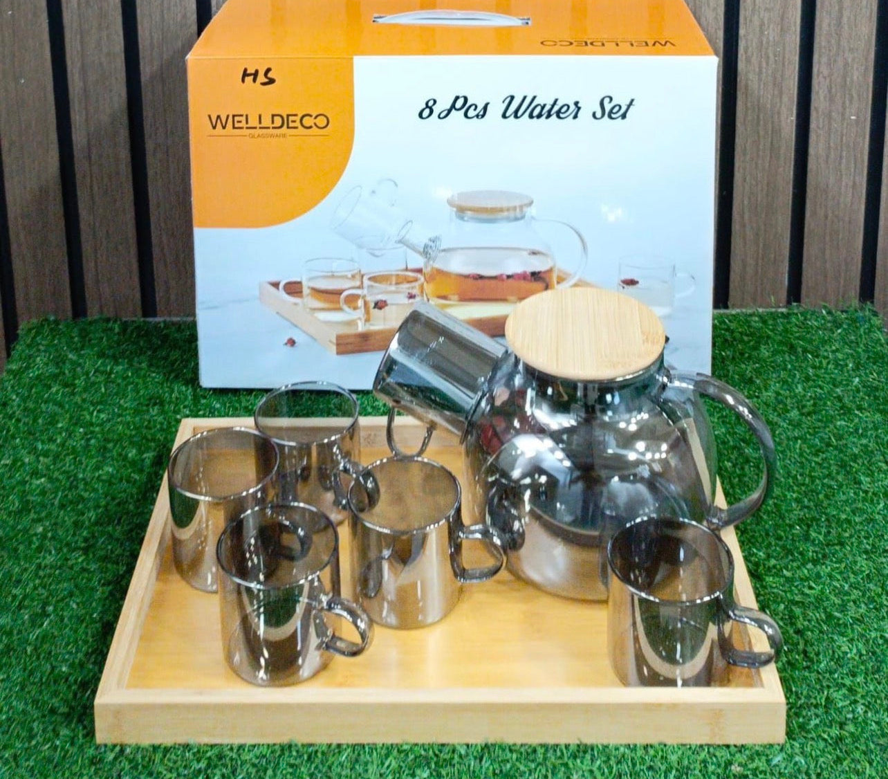 7-Piece Premium Glass Qahwa & Teapot Set with Wooden Serving Tray | Smoky Amber Glass Water & Kahva Carafe Set | WellDeco