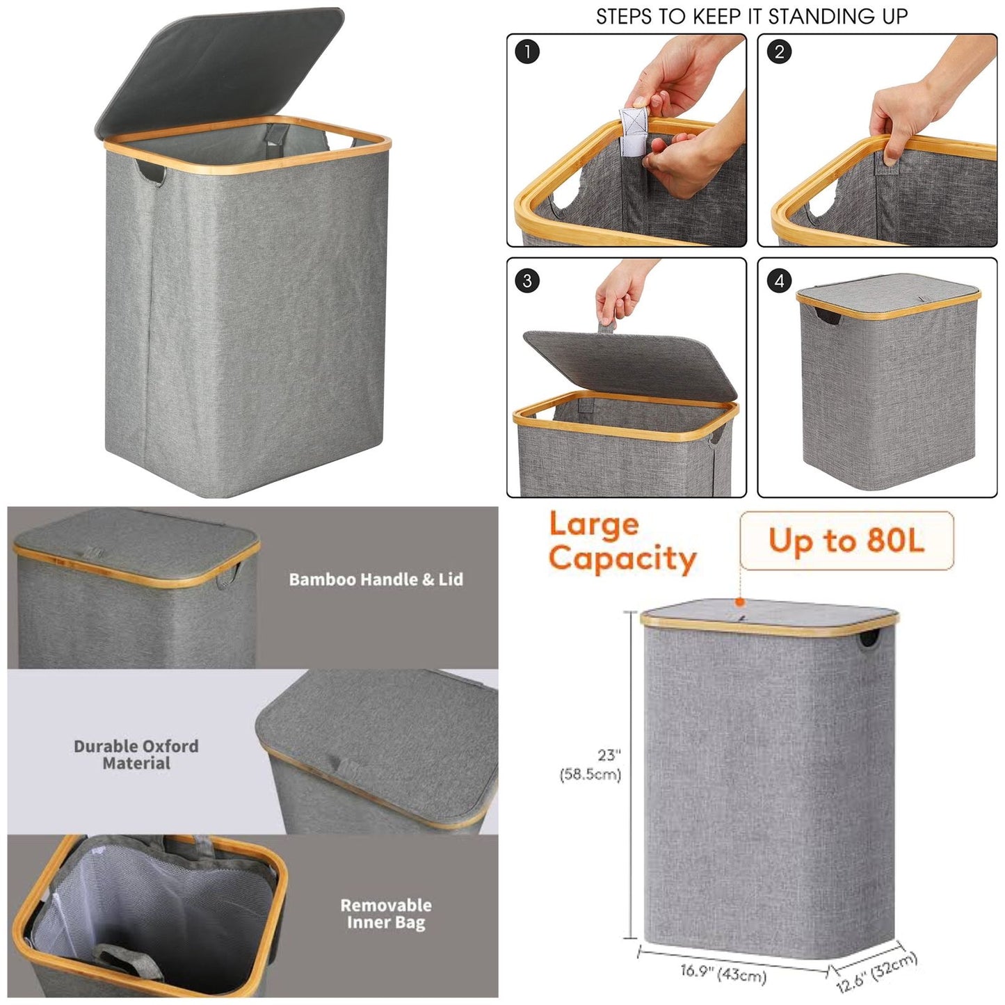80L Collapsible Laundry Basket with Lid & Removable Inner Bag – Durable Oxford Clothes Hamper