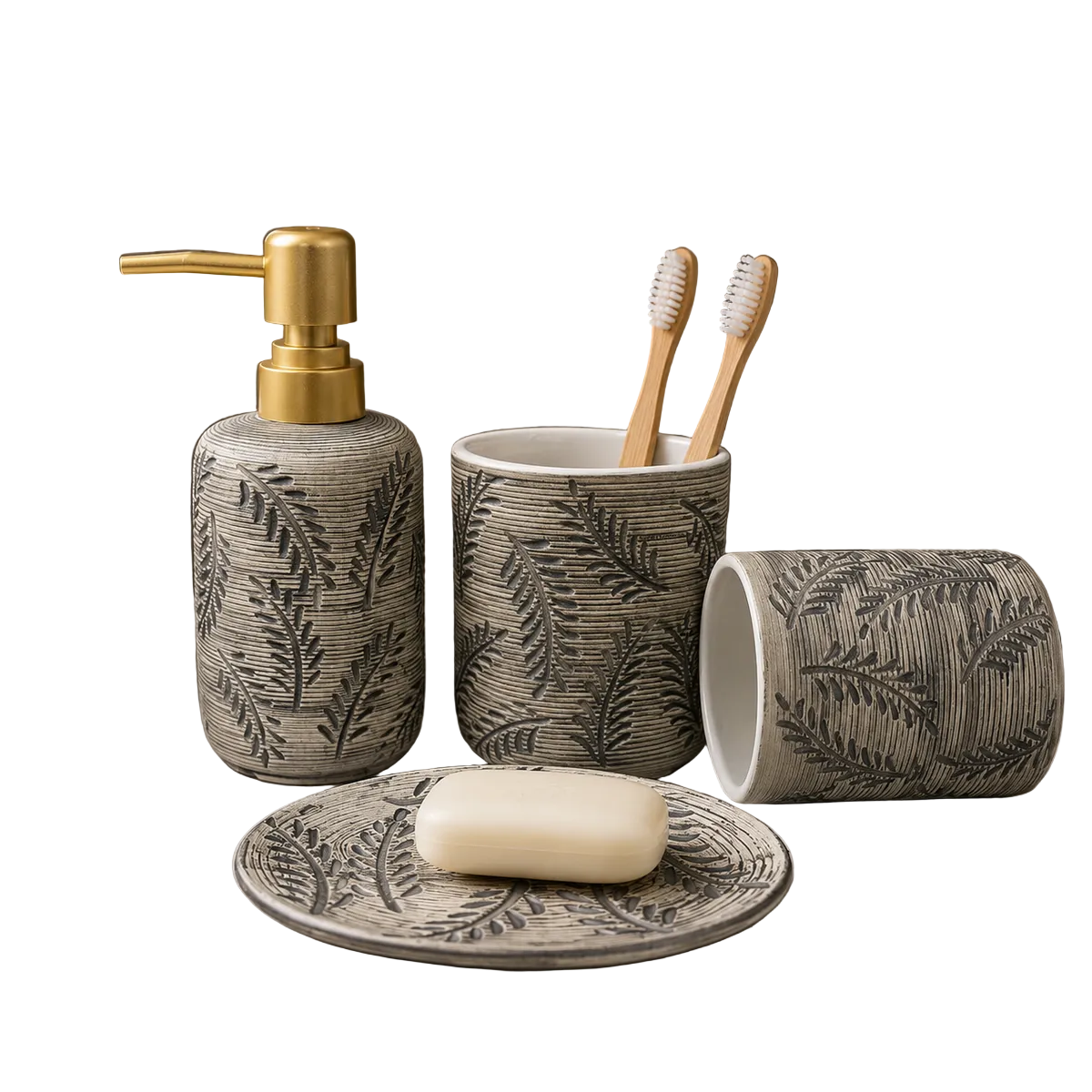 4-Piece Ceramic Bathroom Accessories Set With Gold Soap Dispenser Pump
