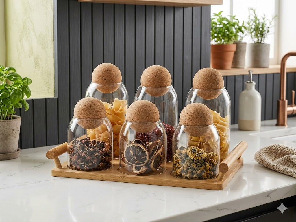 Scandinavian Minimalist Glass Storage Jars with Cork Lids & Bamboo Serving Tray – 6-Piece Set