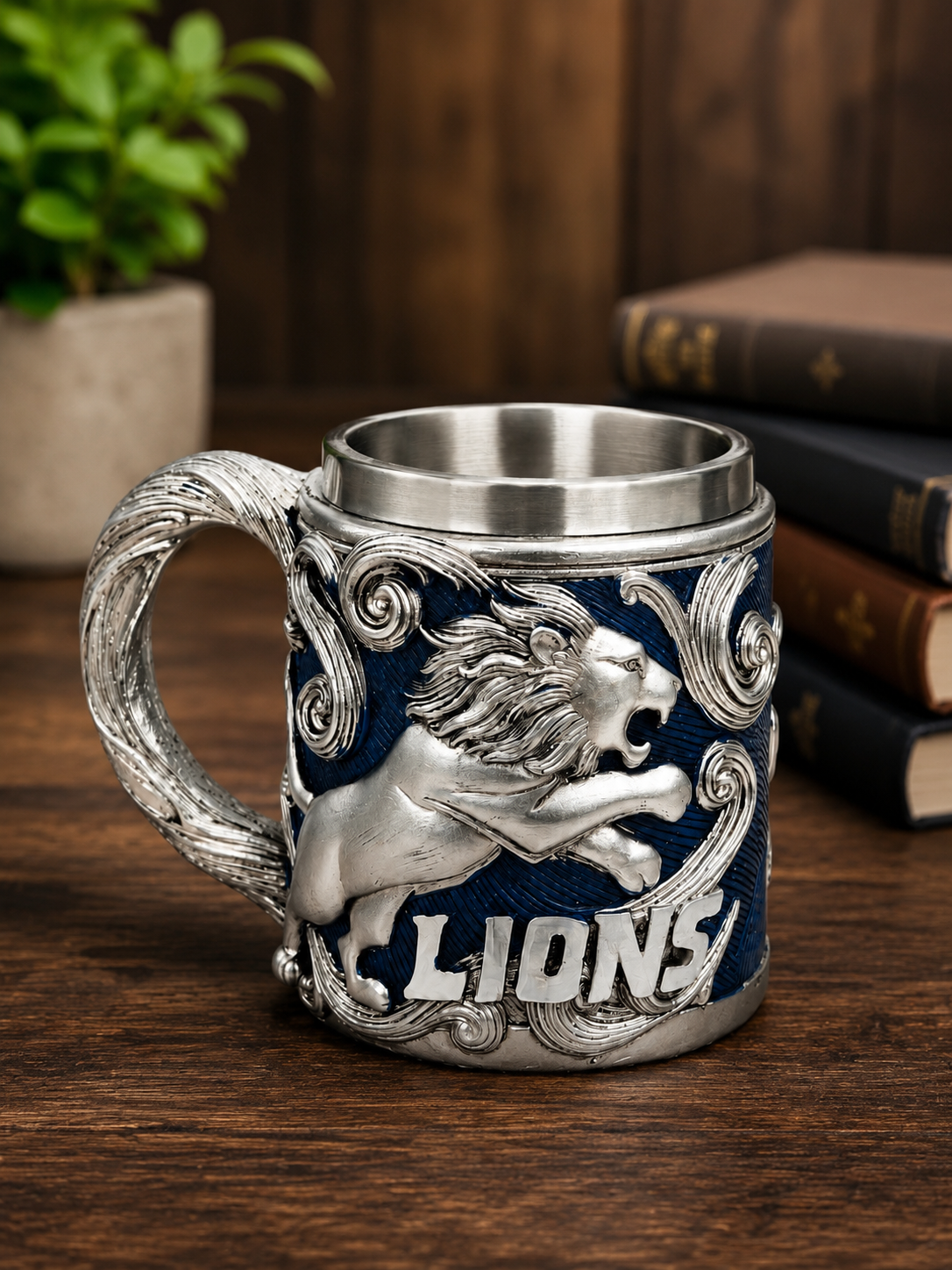 Livenda Lion Embroidered Steel Mug – 400ml 3D Embossed Lion Stainless Steel Tankard