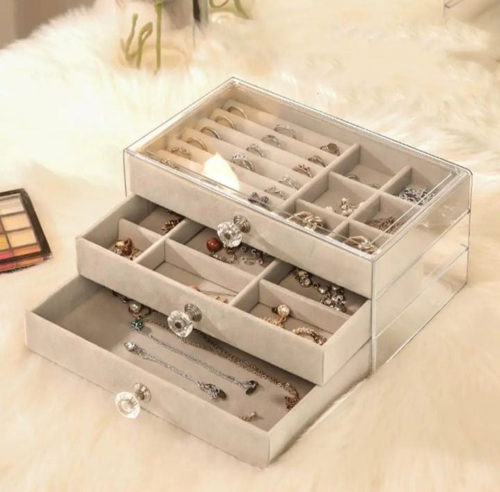 Acrylic Jewelry Box 3 Drawers, Velvet Jewellery Organizer