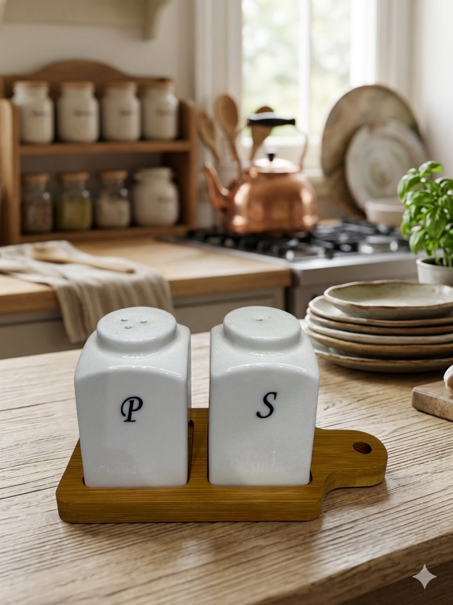 Ceramic Salt & Pepper Shaker Set with Wooden Tray – Modern Kitchen Table Organizer