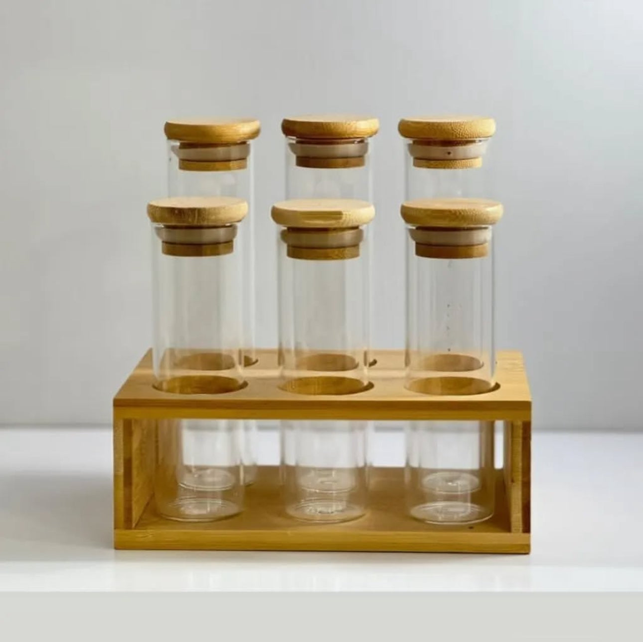 Transparent Round Jar With Wooden Lid & Wooden Stand Set 7Pc