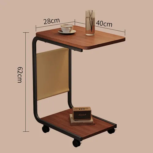 C-Shaped Side Table with Wheels & Magazine Holder | Wooden Sofa & Bedside Laptop Table