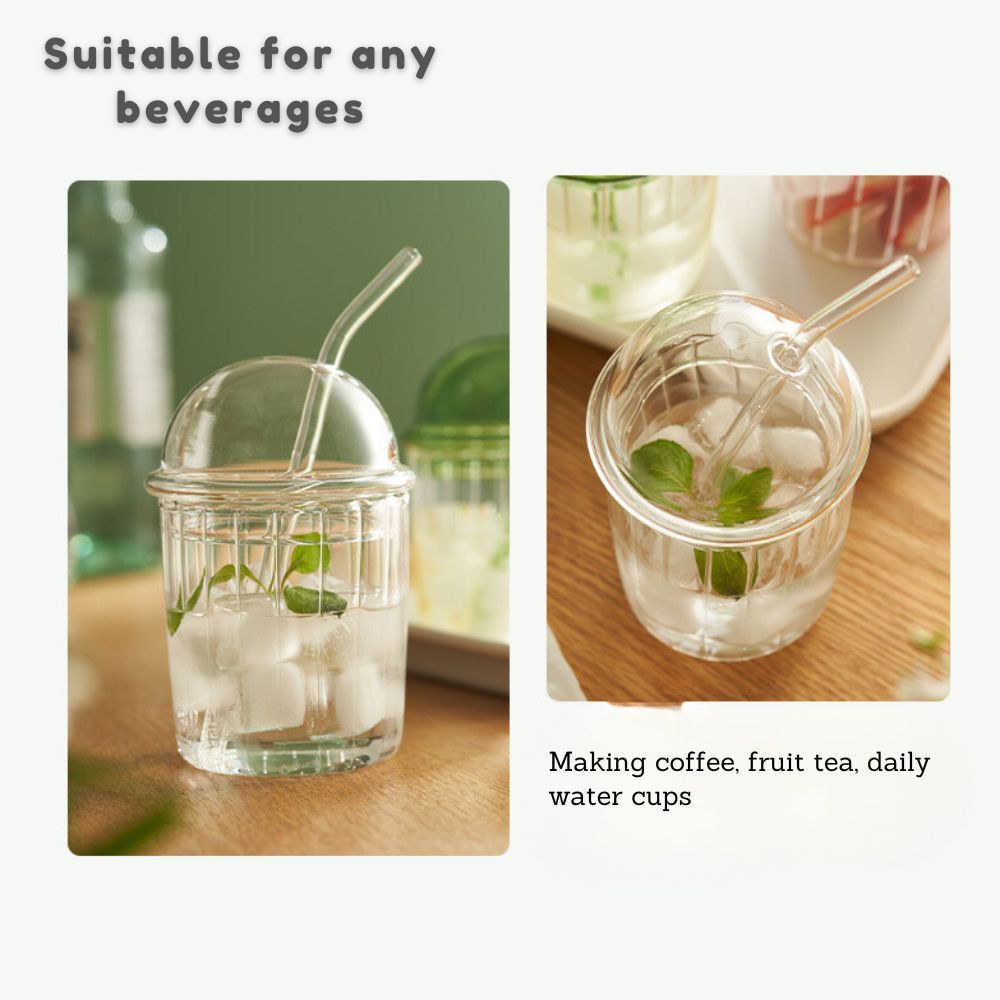 Vintage Ribbed Glass Cup with Dome Lid & Straw | 500Ml