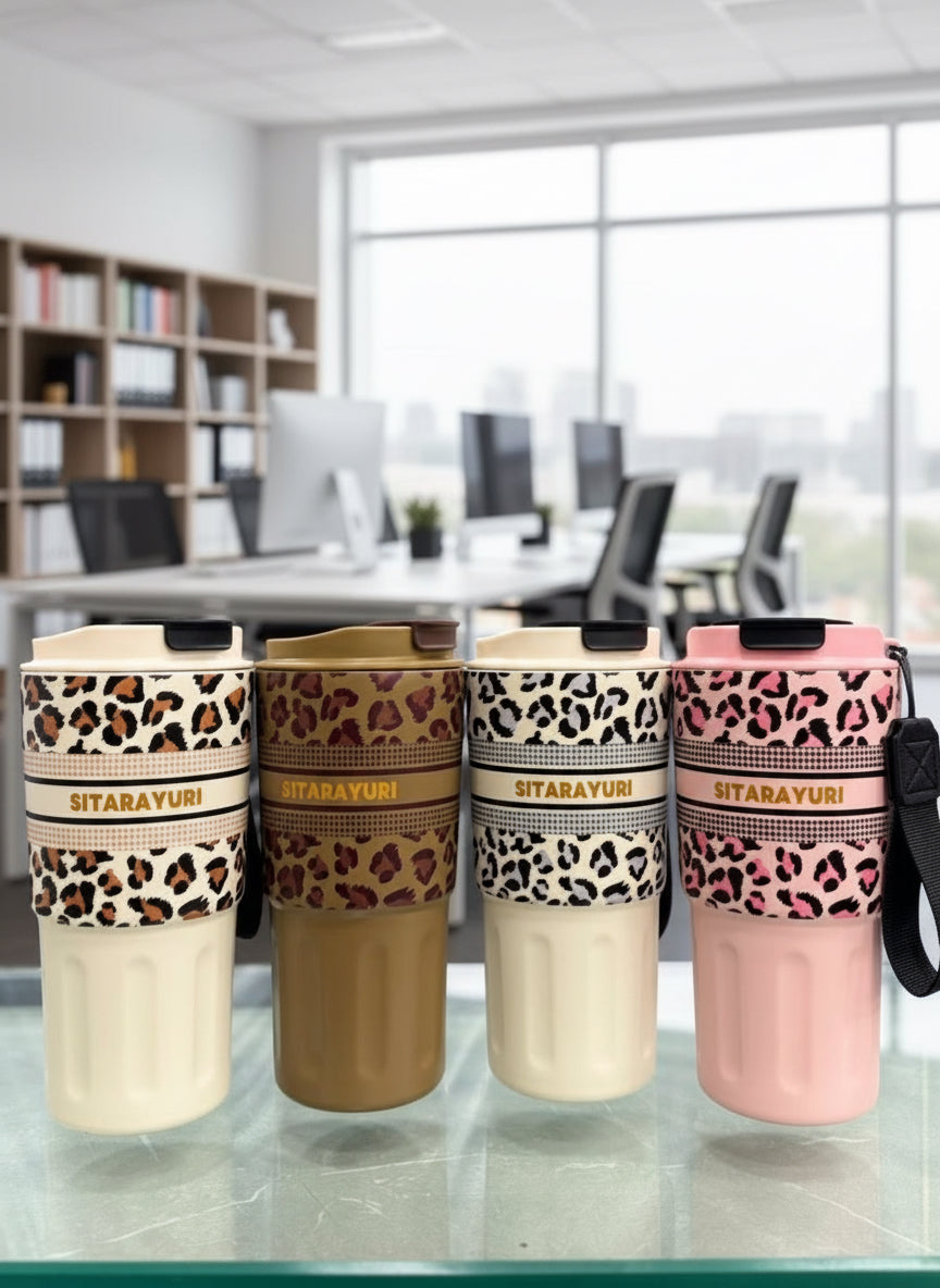 SITARAYURI insulated coffee travel mug with a leopard print design | 600Ml