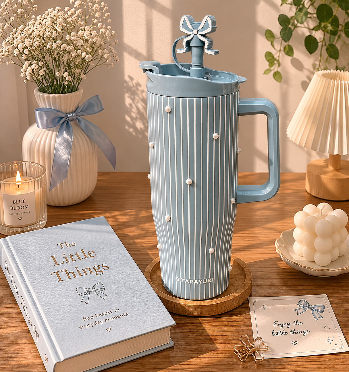 SITARAYURI Pearled Bow 40oz Insulated Tumbler with Handle & Bow Straw Topper