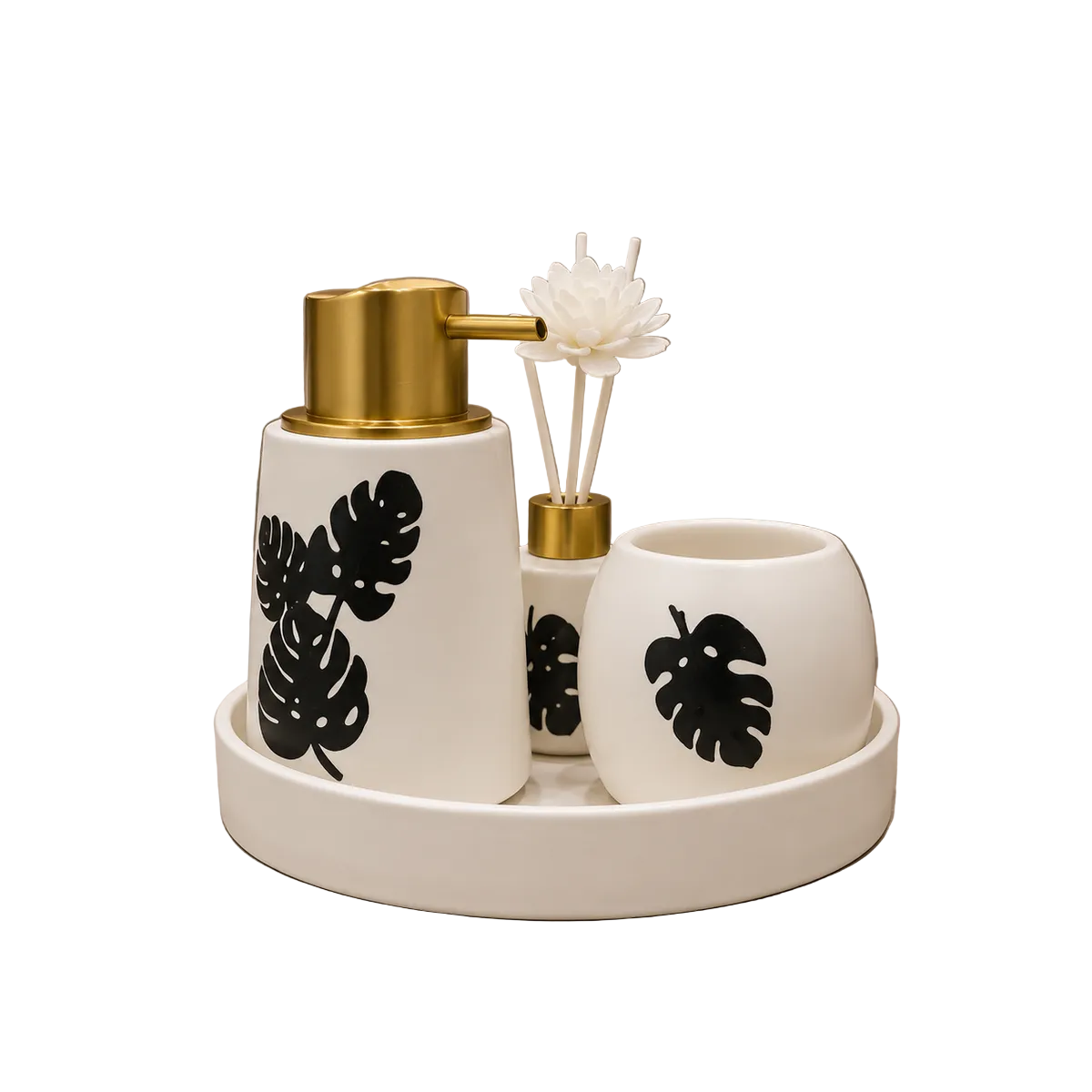 3-Piece Ceramic Bathroom Accessories Set With Tray – White Monstera Collection