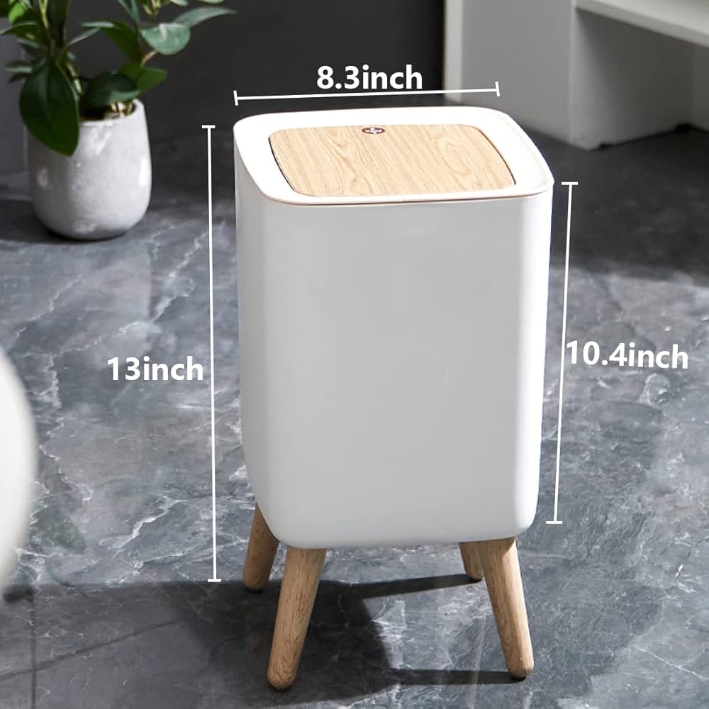 1.8 Gallon Square Plastic Garbage Can with legs, Garbage Bin with Push Button, Modern Waste Basket for Bedroom Bathroom Living Room Office