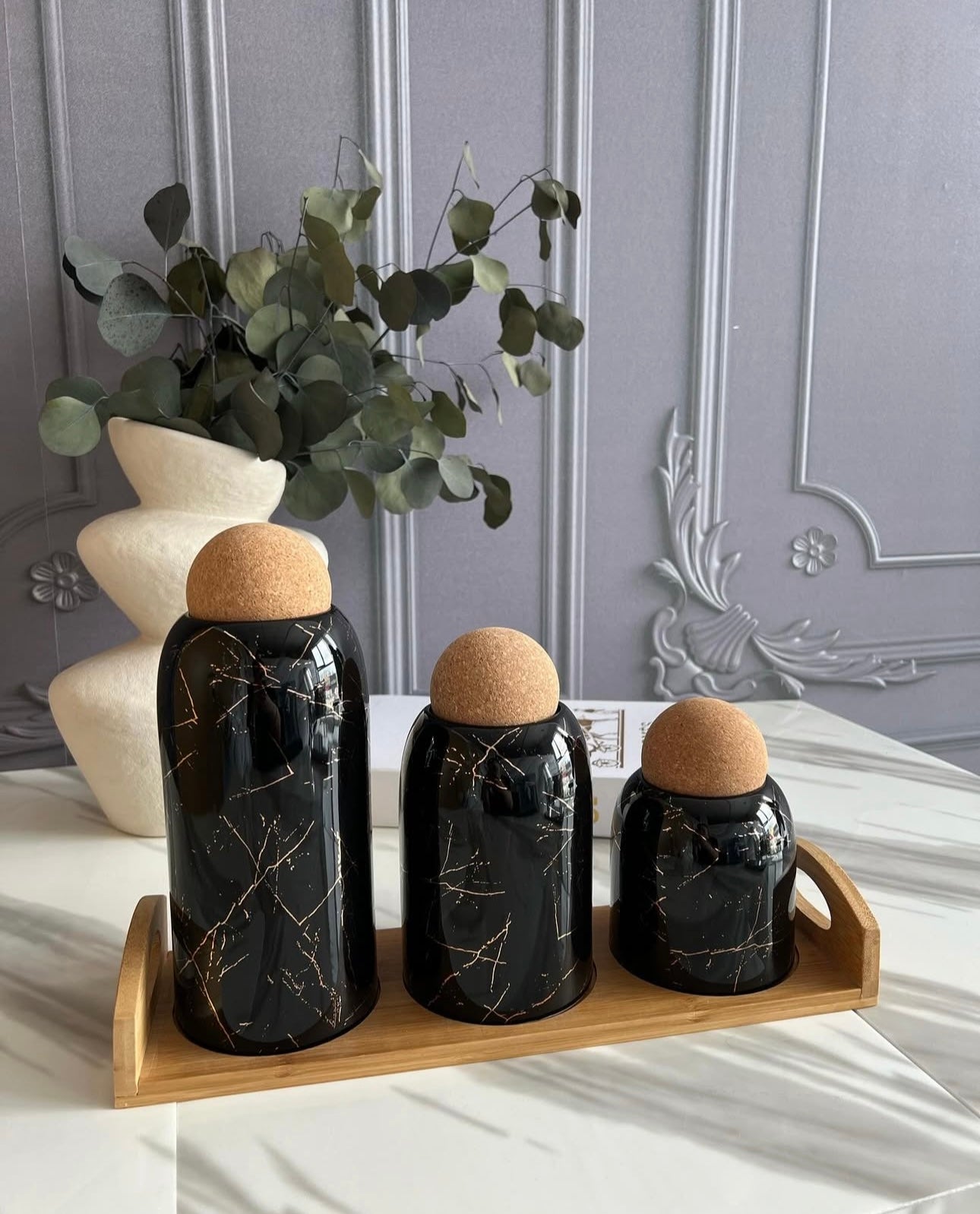 Ceramic 3 Pcs Jar Set With Cork & Bamboo Stand