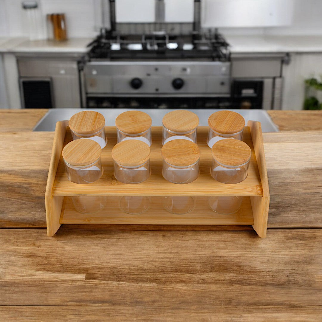 Transparent Round Jar With Wooden Lid & Wooden Rack Set 9Pc