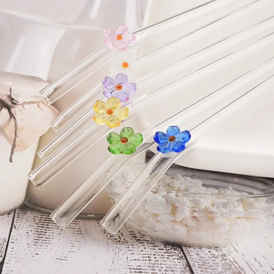 4-Piece Flower Design Reusable Glass Drinking Straws – Colorful Floral Set 🌸✨