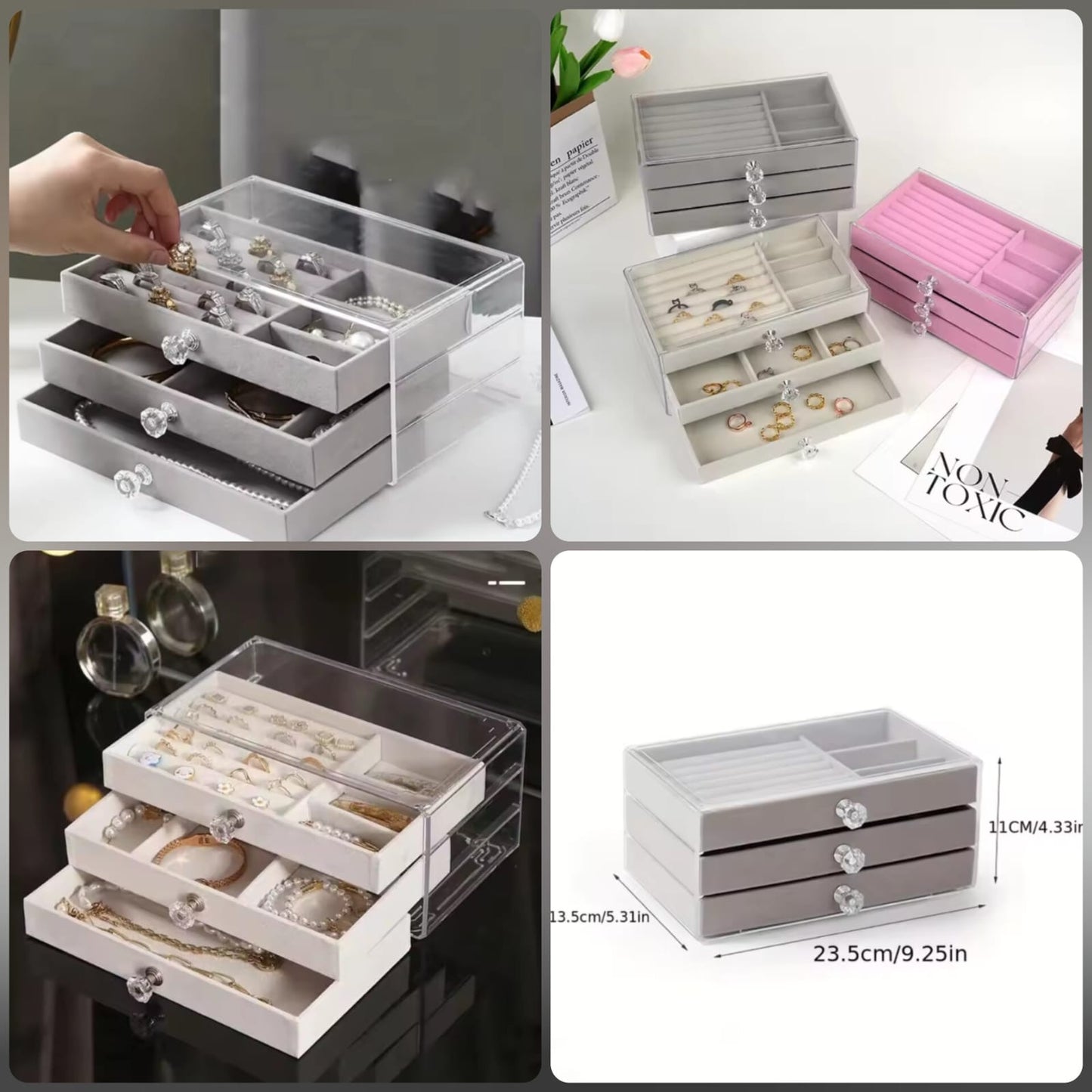 Acrylic Jewelry Organizer with 3 Velvet-Lined Drawers | Clear Luxury Storage Box