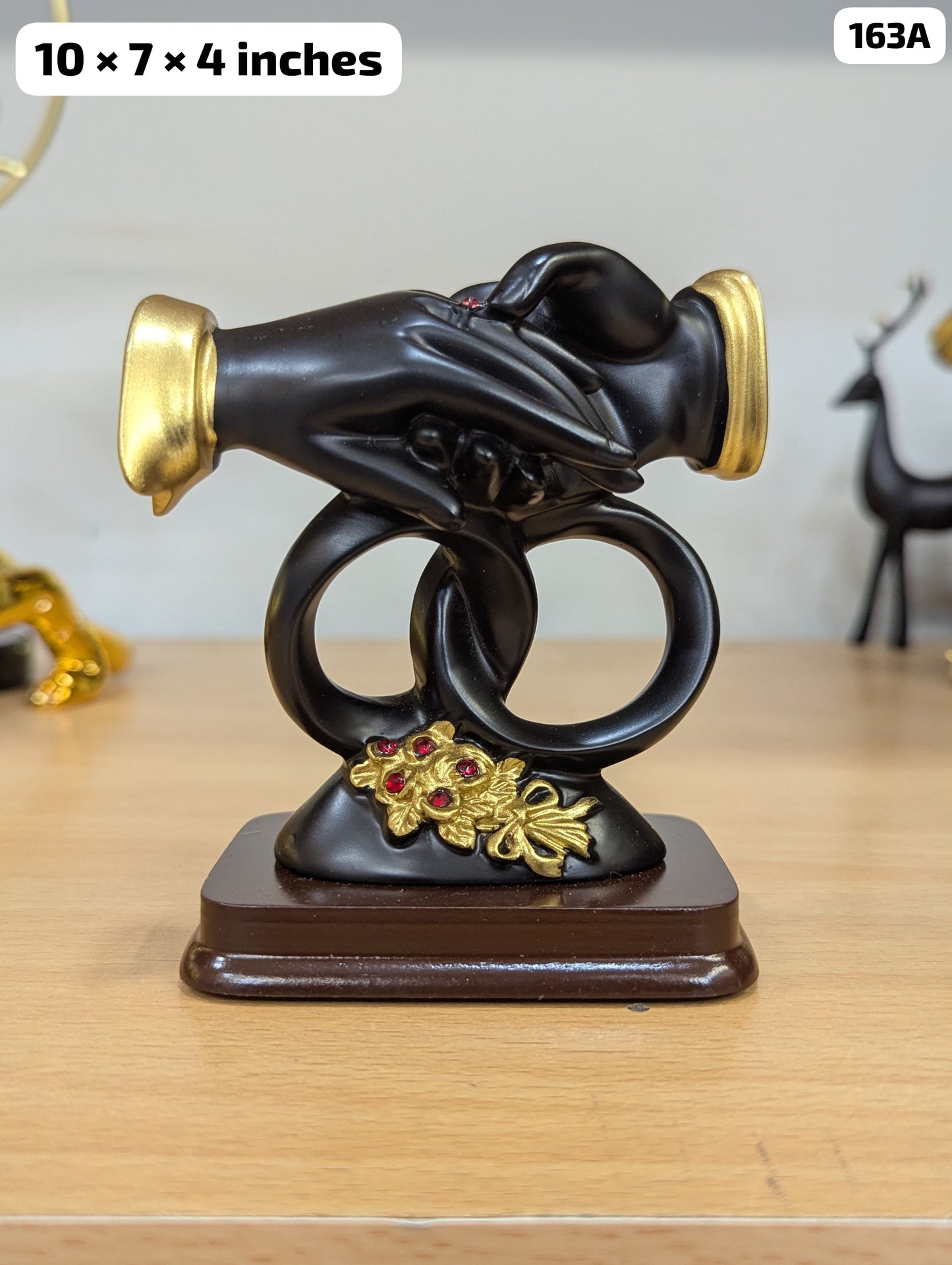 Black and Gold Interlocking Hands Wedding Sculpture - Eternal Love Anniversary Figurine with Red Crystal