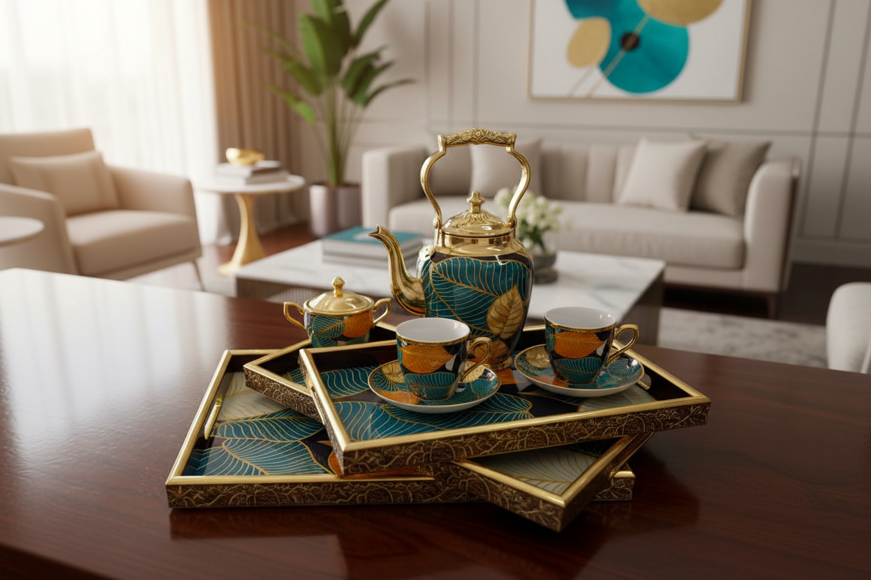 3-Piece Gold Aesthetic Leaf-Look Serving Tray Set