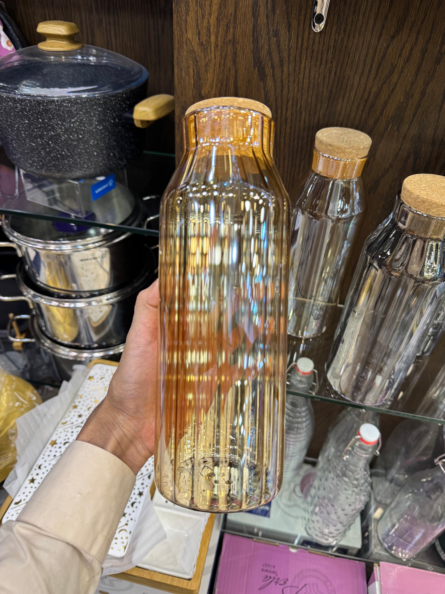Ribbed Glass Cork Water Bottle - 1000ml