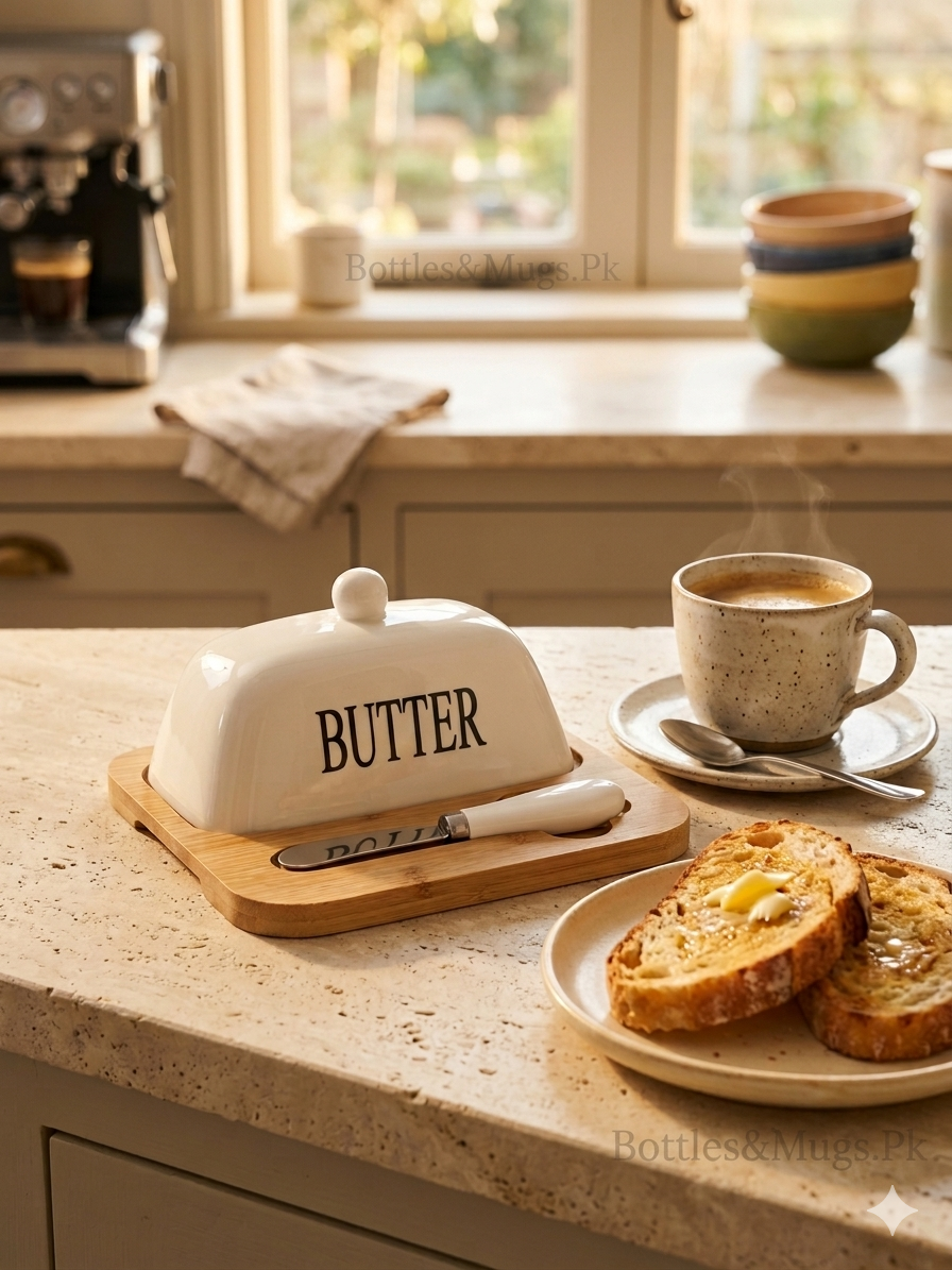 Vintage Ceramic Butter Dish with Lid & Wooden Tray | Butter Keeper with Spreader Knife