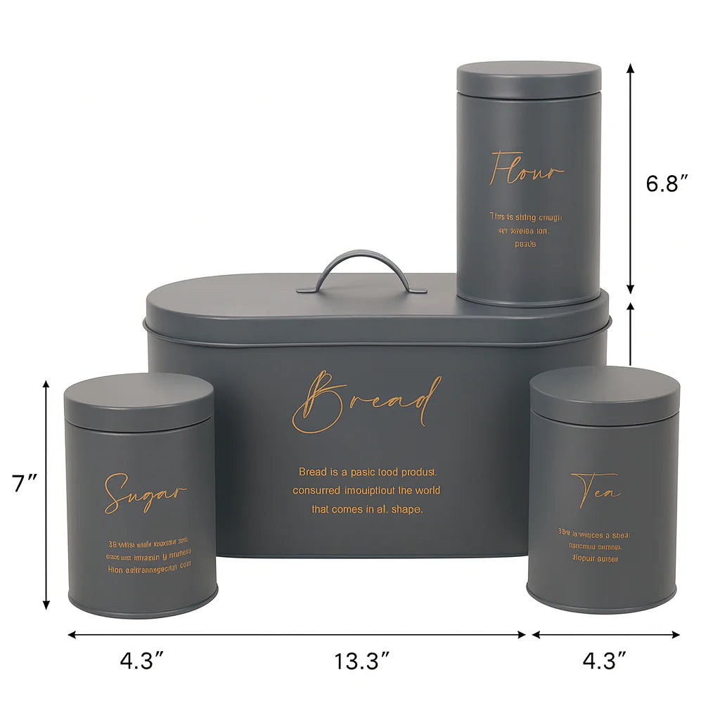 4-Piece Metal Bread Bin And Canister Set | Grey