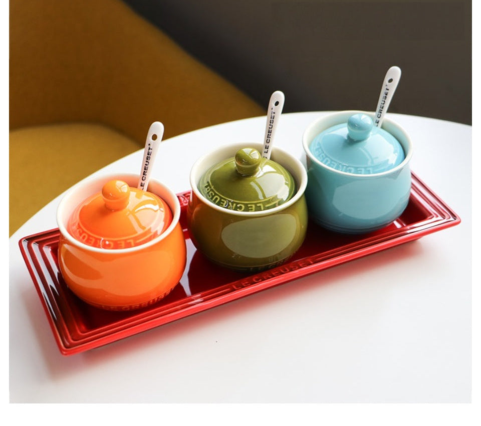 Le Creuset Inspired Ceramic Condiment Jar Set with Tray & Spoons (3-Piece Color Set)