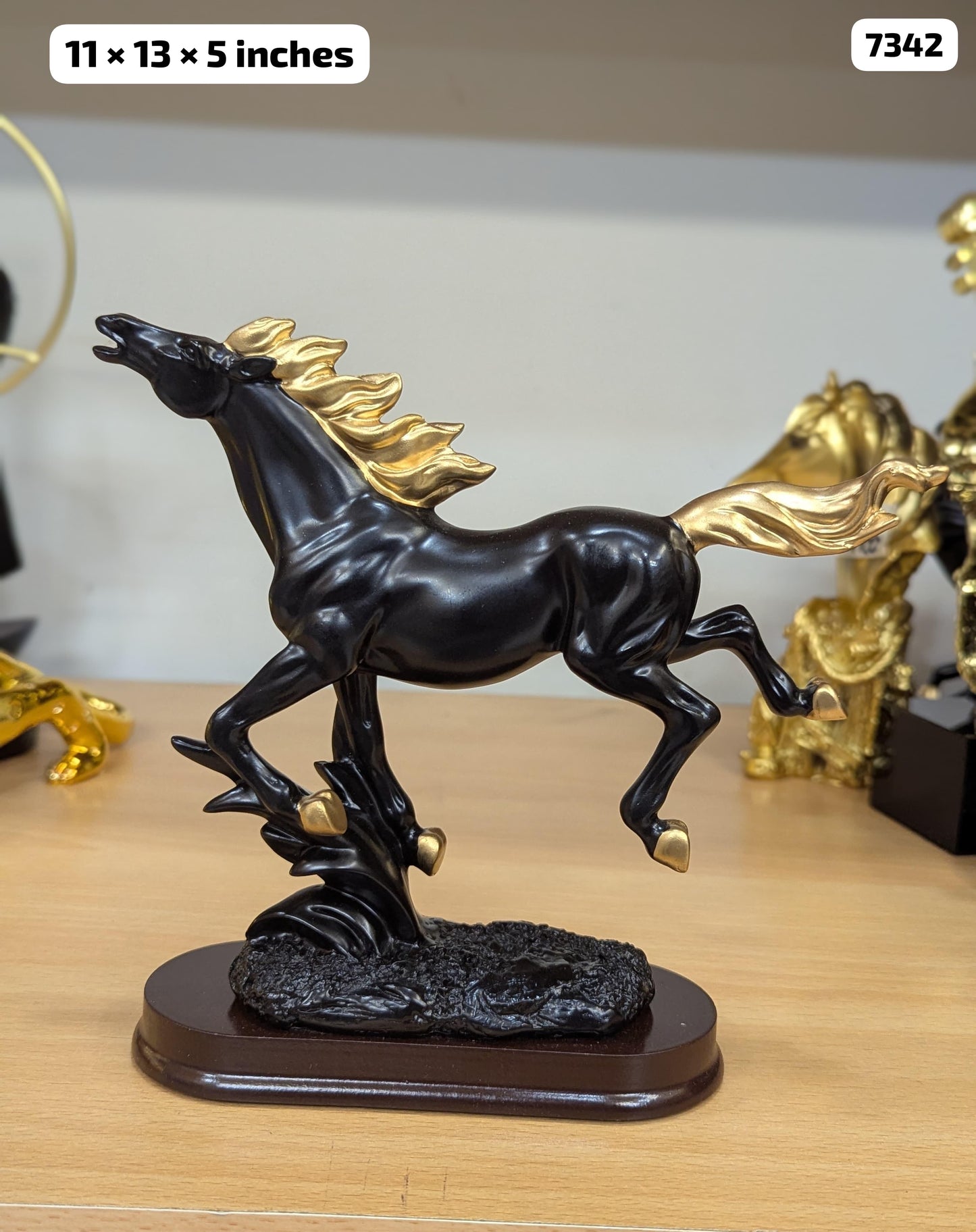 Running Horse Resin Statue with Gold Mane and Tail - Black and Gold Equine Sculpture Home Decor