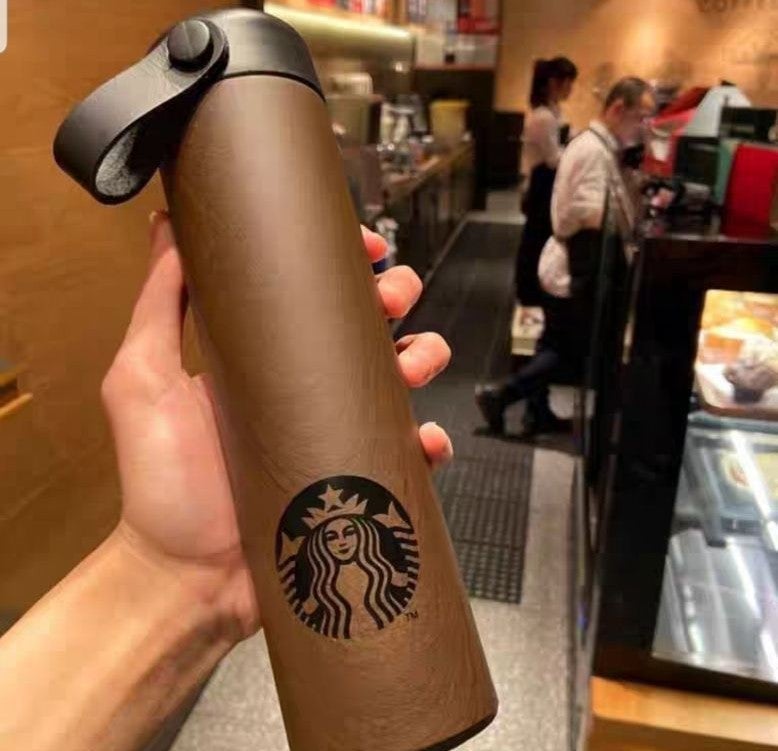 Starbucks Black Wooden Stainless Steel Bottle with Strap | 473Ml