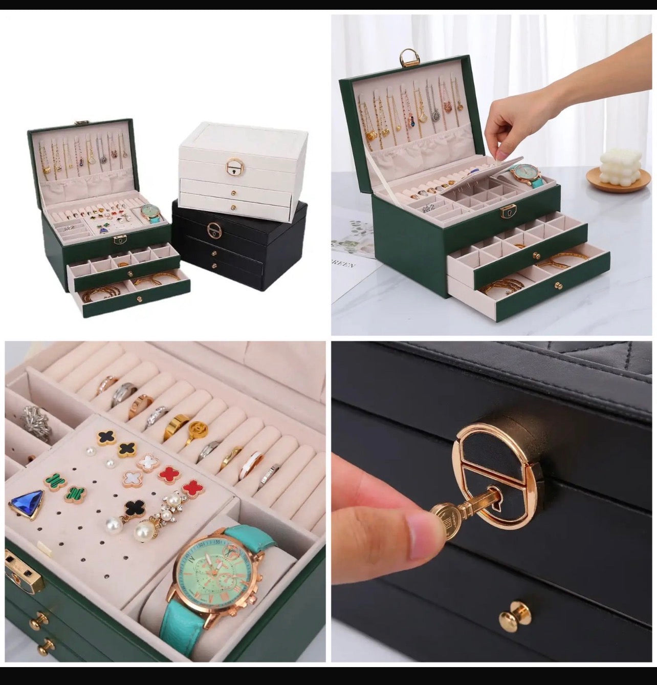 3 Layer Jewelry Box, Jewelry Holder Organizer with 2 Drawer Tray, Large boxes for Women Velvet Earring Organizer, Lockable & Organizers