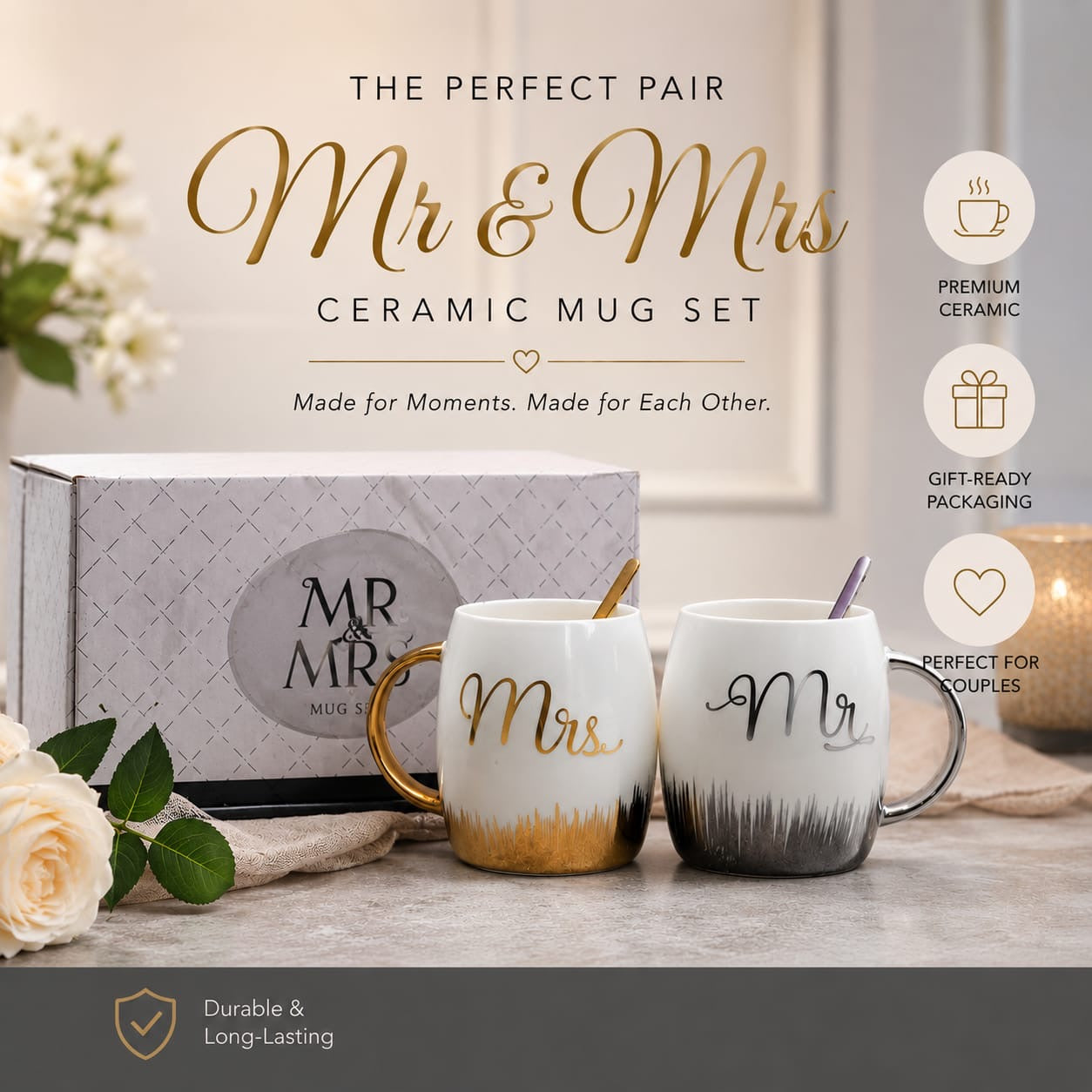 Mr. and Mrs. Elegant White Ceramic Mug Set – Luxury Wedding & Engagement Gift Box