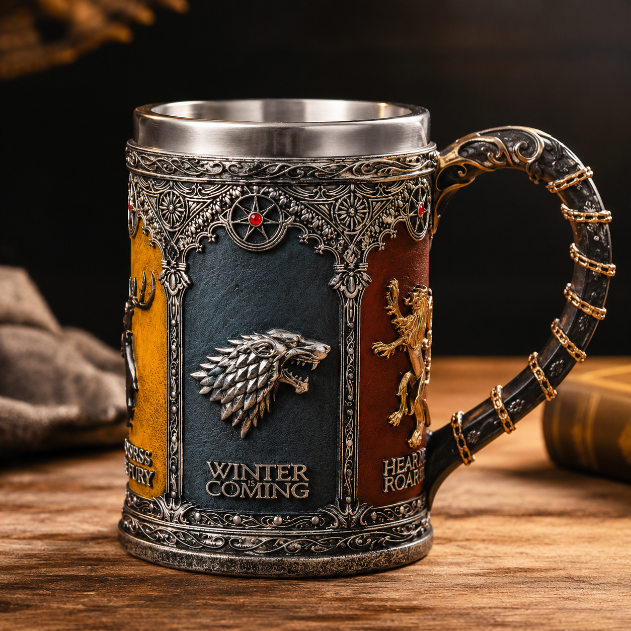 500ml Game of Thrones Inspired Viking Beer Mug – Stainless Steel Medieval Tankard with Resin Handle