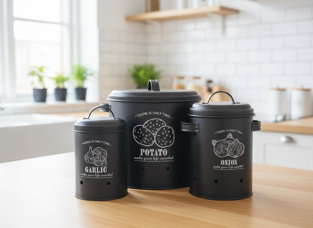 3 Pcs Retro Metal Potato Garlic Onion Storage Containers with 360° Ventilation System