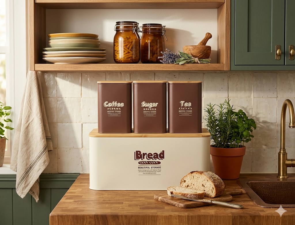 4-Piece Vintage Bread Box & Canister Set – Matte Brown Coffee, Sugar, Tea Jars with Bamboo Lids