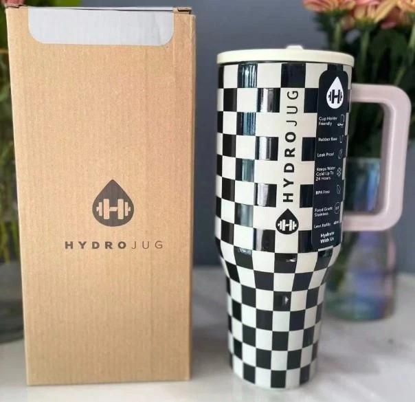 HydroJug Stainless Steel Checkerboard Tumbler with Handle & Straw – 40oz Insulated Travel Mug