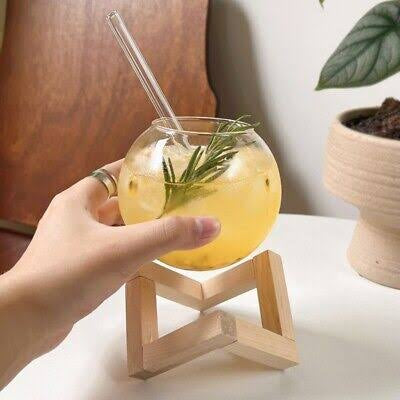 Round Ball Shaped Ins Juice & Cocktail Glass With Straw & Wood Stand