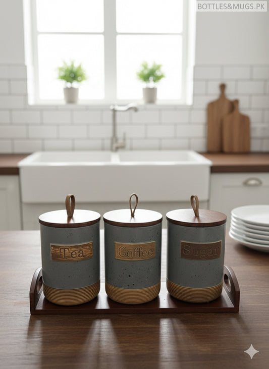 Rustic 3 Pcs Ceramic Jar Set With Wooden Tray