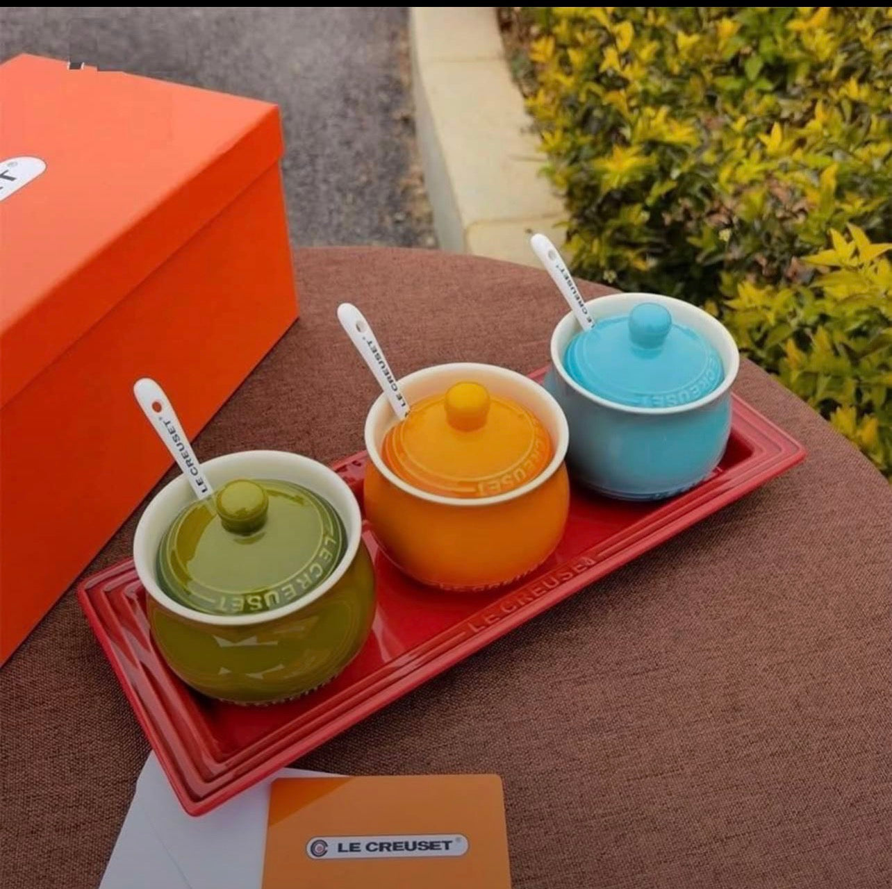 Le Creuset Inspired Ceramic Condiment Jar Set with Tray & Spoons (3-Piece Color Set)