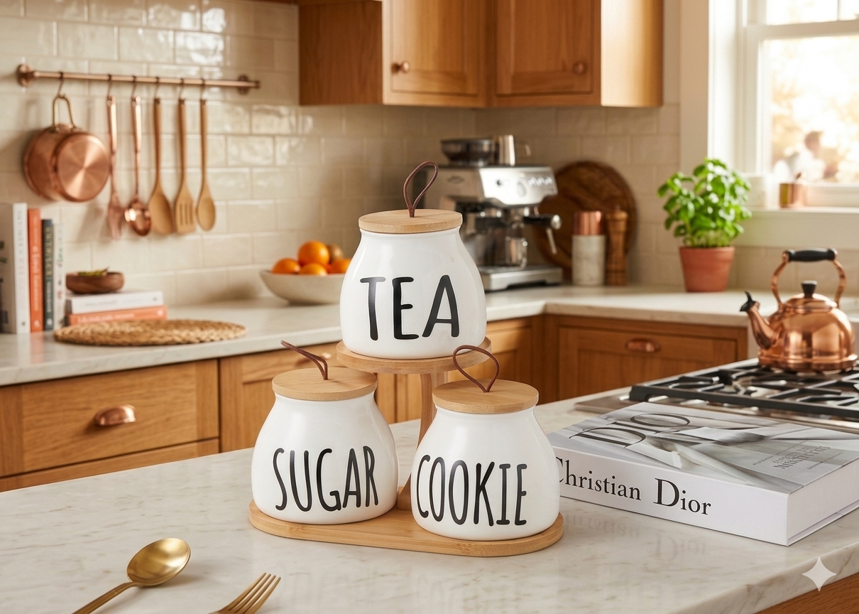 3- Piece Ceramic Kitchen Canister Set with Bamboo Lids and Two-Tier Wooden Stand